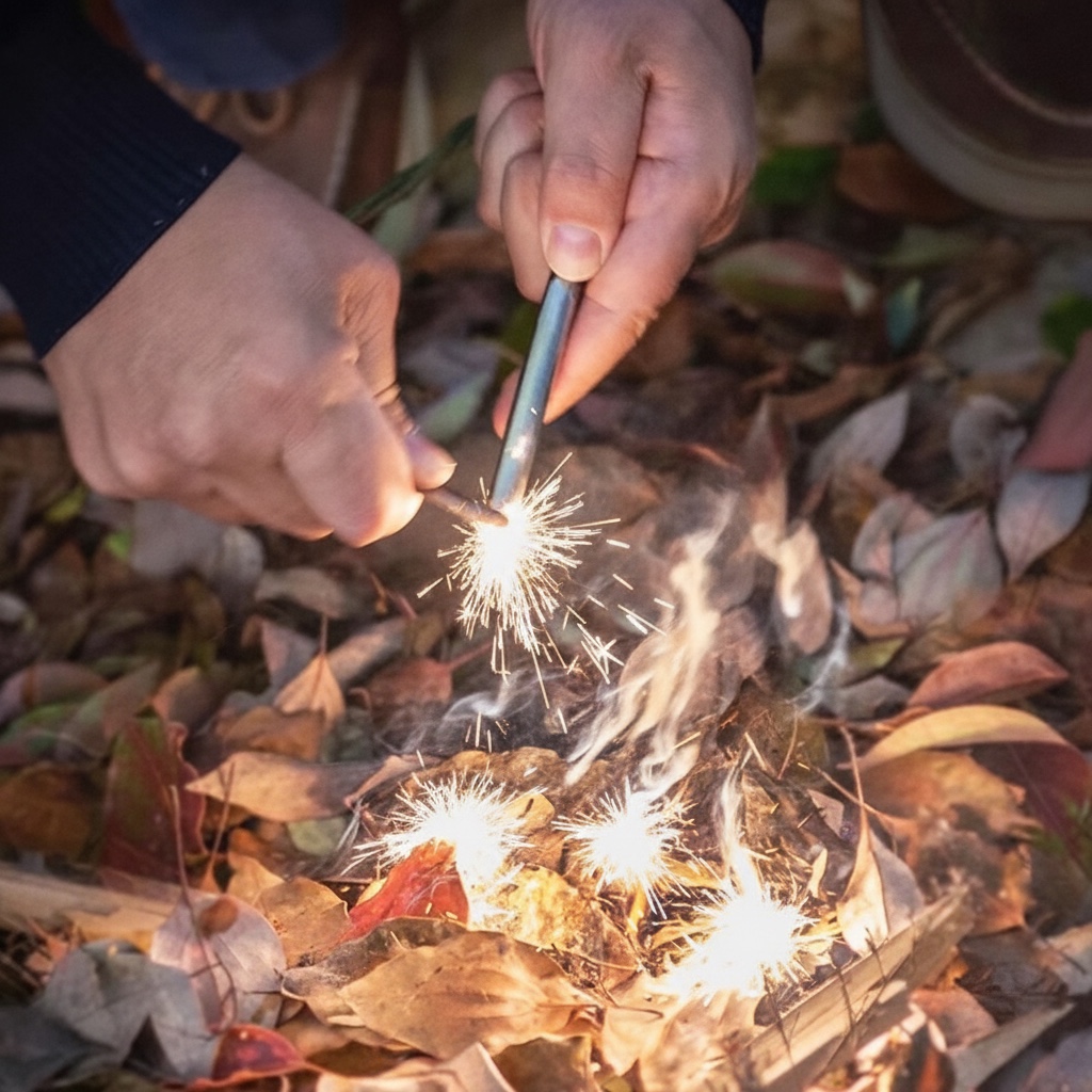 Pierre à feu en magnésium avec grattoir acier et sifflet de survie, vue 4